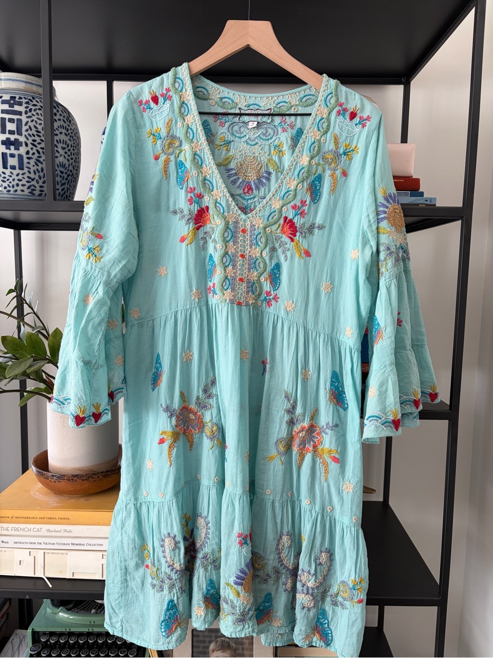 Johnny Was Aqua Embroidered V-Neck Tiered Dress